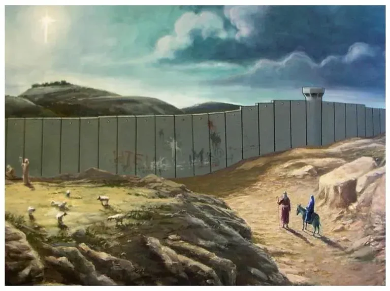 Maria und Josef stehen vor einer Mauer